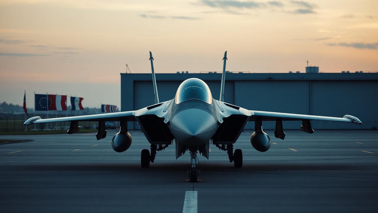 Avion de combat sur un tarmac à l'aube, avec des drapeaux européens et français devant un hangar