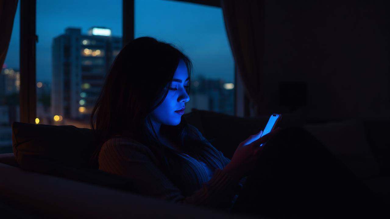 Personne seule le soir dans un salon sombre, visage éclairé par la lumière de son smartphone