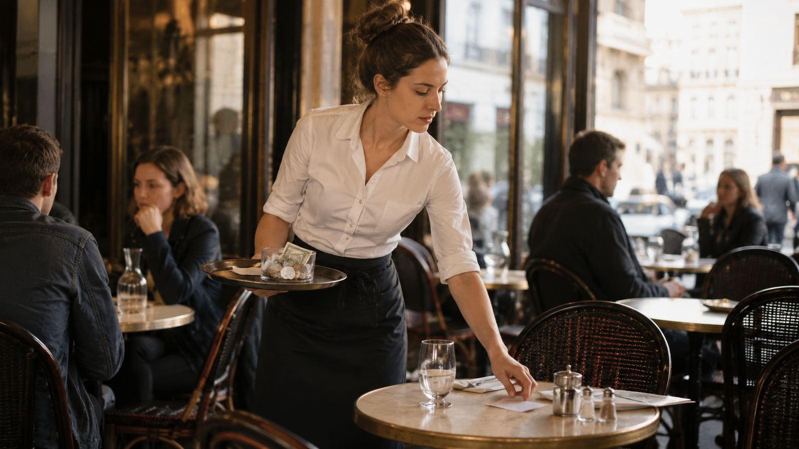 Serveuse penchant une corbeille à pourboires au-dessus d'une table de café