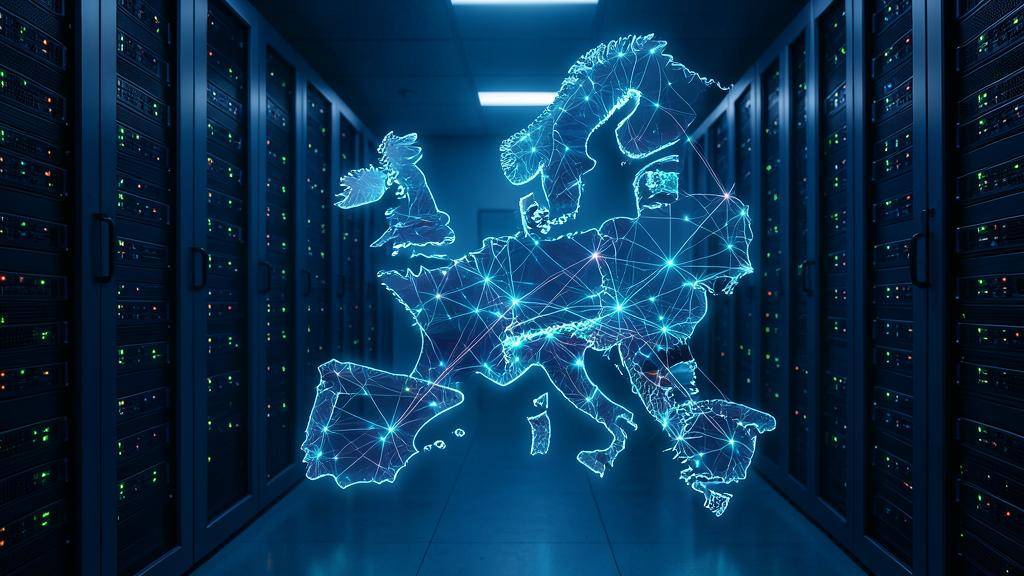 Salle de serveurs sombre aux LED bleues, surmontée d'une carte d'Europe en nœuds lumineux interconnectés symbolisant la souveraineté numérique