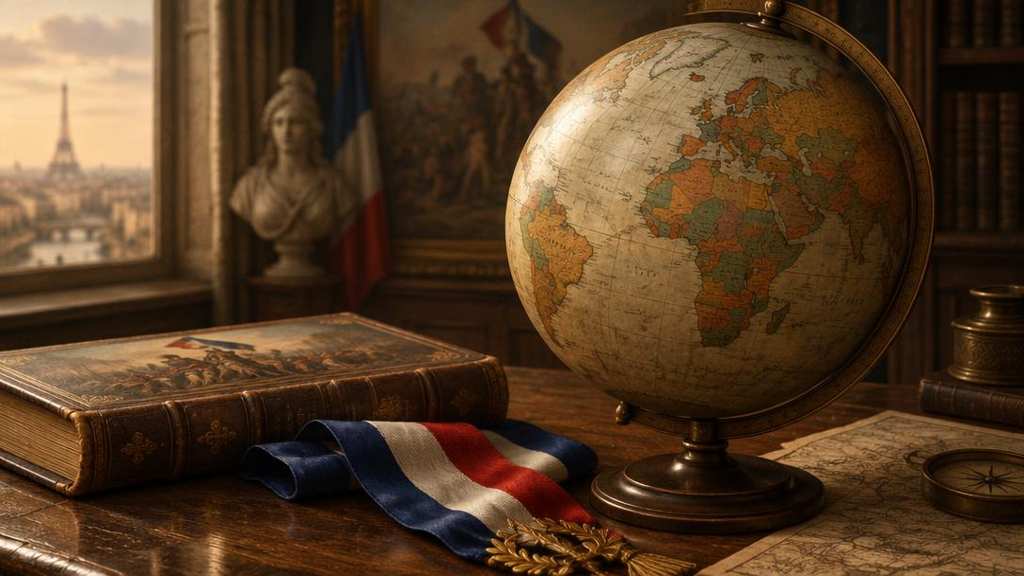 Globe ancien et livre d’histoire avec un ruban tricolore