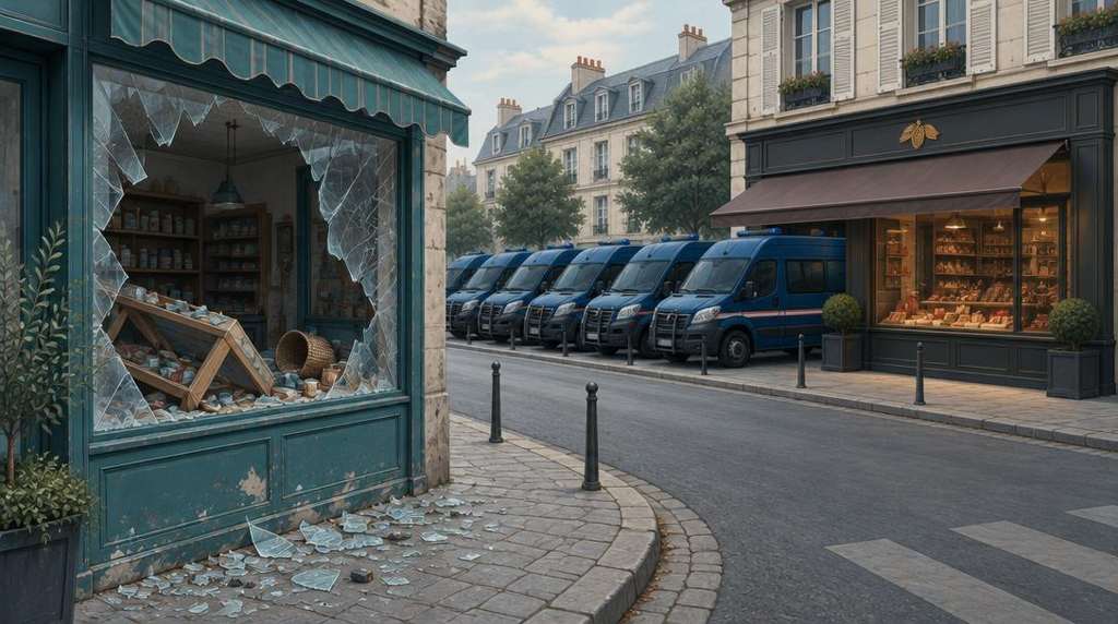 Illustration symbolique, et non photographie des événements : vitrine endommagée face à des fourgons de police devant une chocolaterie