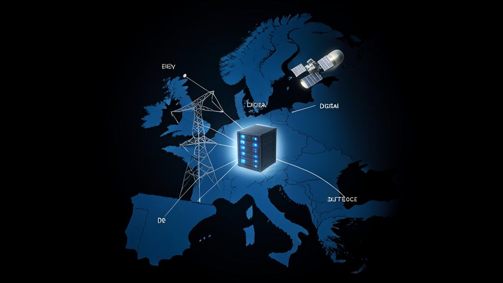 Trois nœuds lumineux interconnectés — tour électrique, salle de serveurs et satellite militaire — au-dessus d'une carte d'Europe sombre, illustrant les dépendances stratégiques