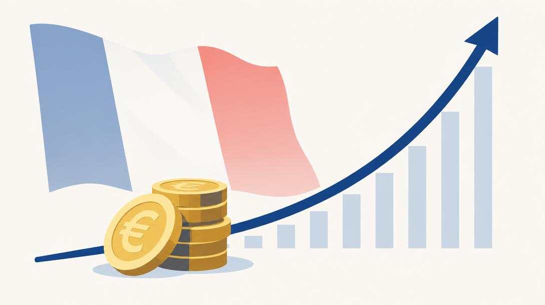 Drapeau français et pièces en euros devant une courbe de taux d'intérêt qui grimpe en flèche