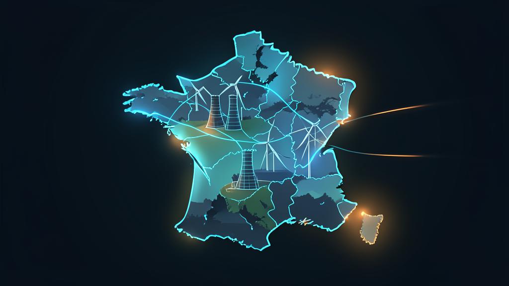 Carte de France parcourue de lignes électriques bleues, centrales nucléaires et éoliennes intégrées au paysage, sur fond sombre éditorial