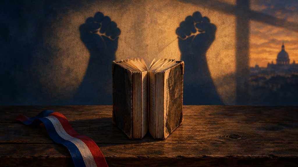 Livre ancien ouvert projetant deux ombres de poings levés presque identiques, avec un ruban tricolore