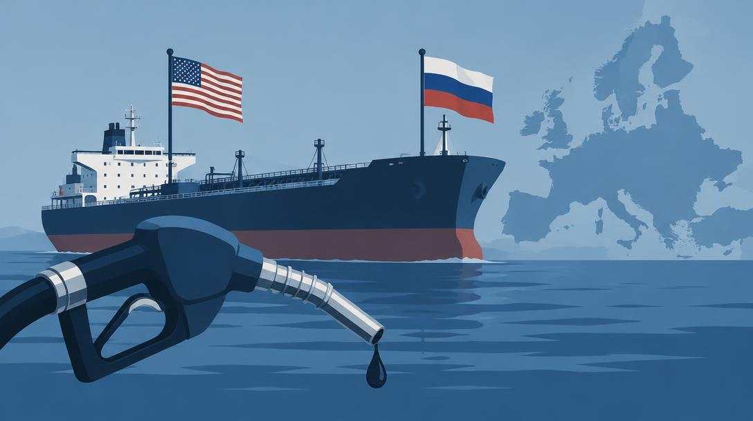 Pétrolier aux drapeaux américain et russe devant une carte d'Europe, avec une pompe à gazole au premier plan