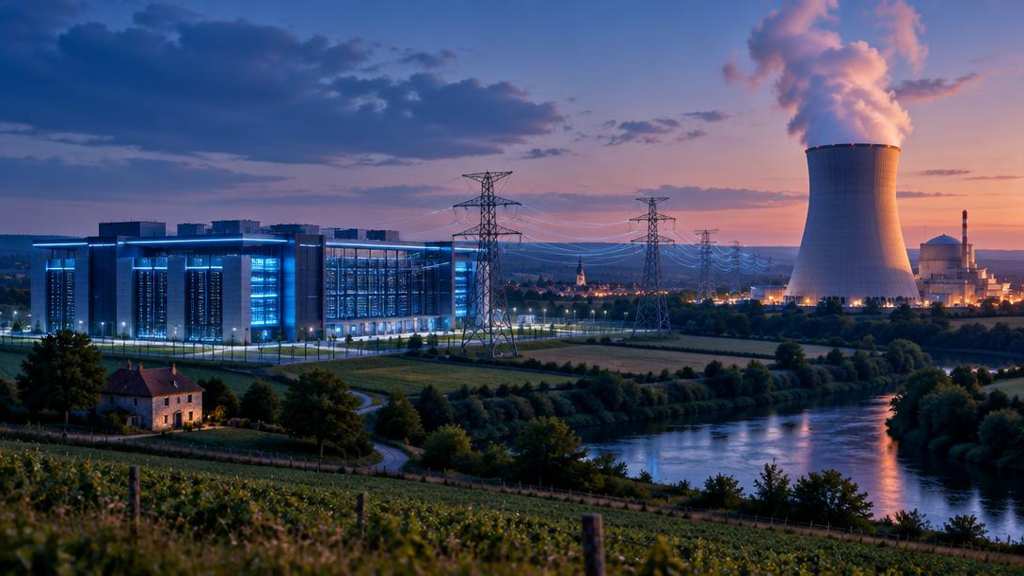 Centre de données illuminé à côté d'une centrale nucléaire, reliés par des lignes à haute tension