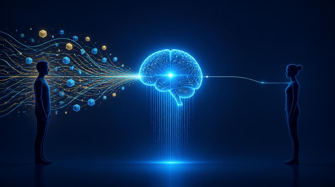 Deux silhouettes face à un cerveau artificiel lumineux, l'une reliée par de nombreux flux de données, l'autre par un flux unique, illustrant la fracture d'accès à l'intelligence artificielle