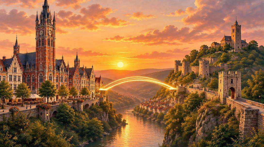 Le beffroi de Valenciennes et la forteresse de Tsarevets à Veliko Tarnovo reliés par un pont lumineux, symbolisant un jumelage européen