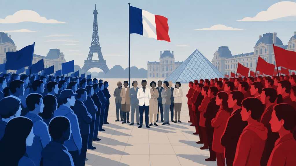 Une foule d'électeurs divisée en deux blocs bleu et rouge face à un petit groupe central, devant le drapeau français