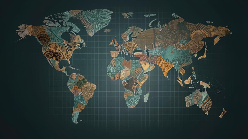 Carte du monde formée de motifs culturels traditionnels africains, asiatiques et européens se fondant progressivement en une grille uniforme grisée, sur fond sombre