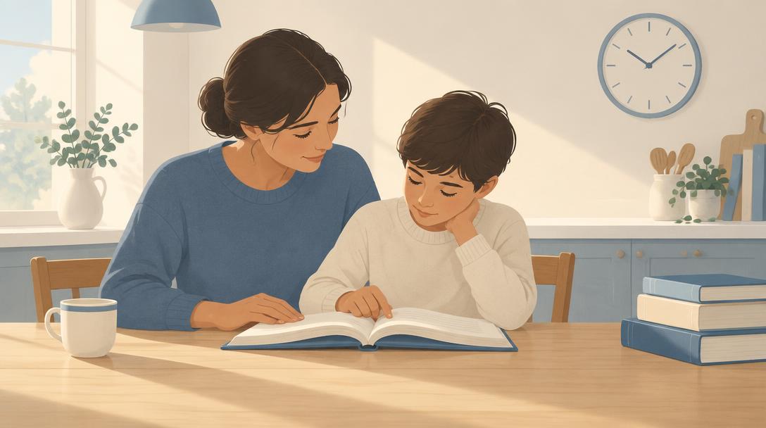 Un parent et un enfant assis ensemble à une table de cuisine devant un livre ouvert, évoquant le temps parental consacré à la transmission du savoir