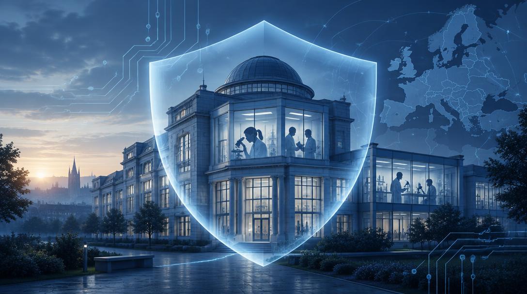 Une université européenne à l'aube protégée par un bouclier lumineux, symbolisant la protection de la recherche scientifique