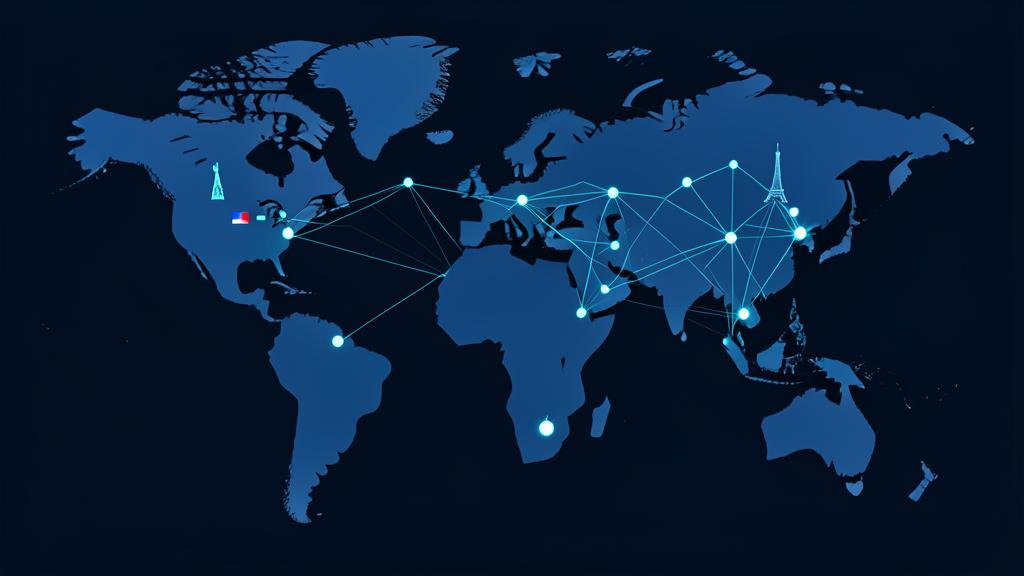 Carte du monde en bleu nuit avec plusieurs nœuds lumineux interconnectés sur différents continents, symbolisant un monde polycentrique
