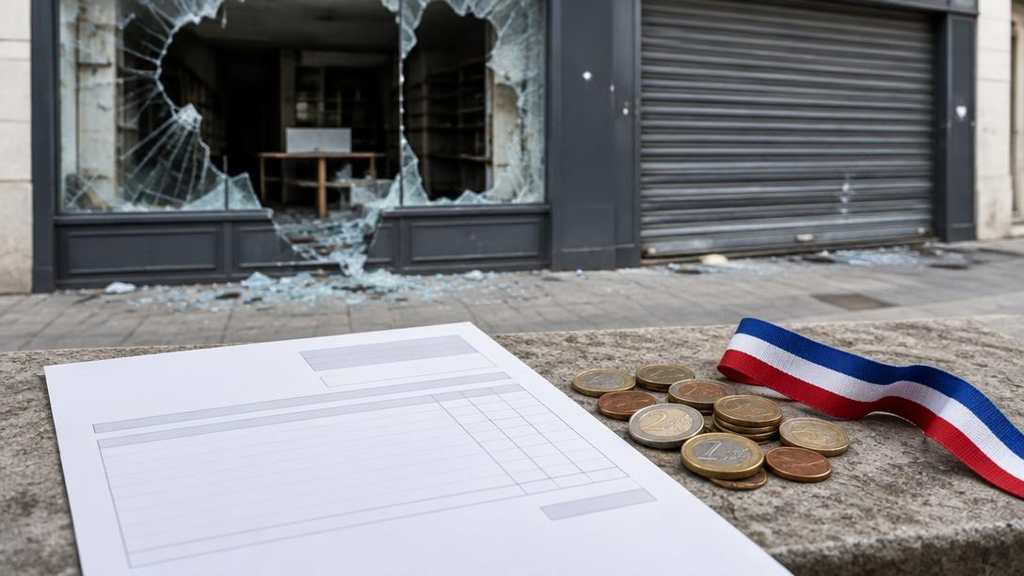 Illustration symbolique : facture et pièces en euros devant une vitrine endommagée, avec un ruban tricolore