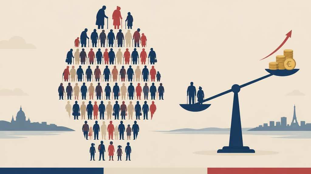 Pyramide démographique renversée et balance penchant du côté des euros, symbole du financement des retraites