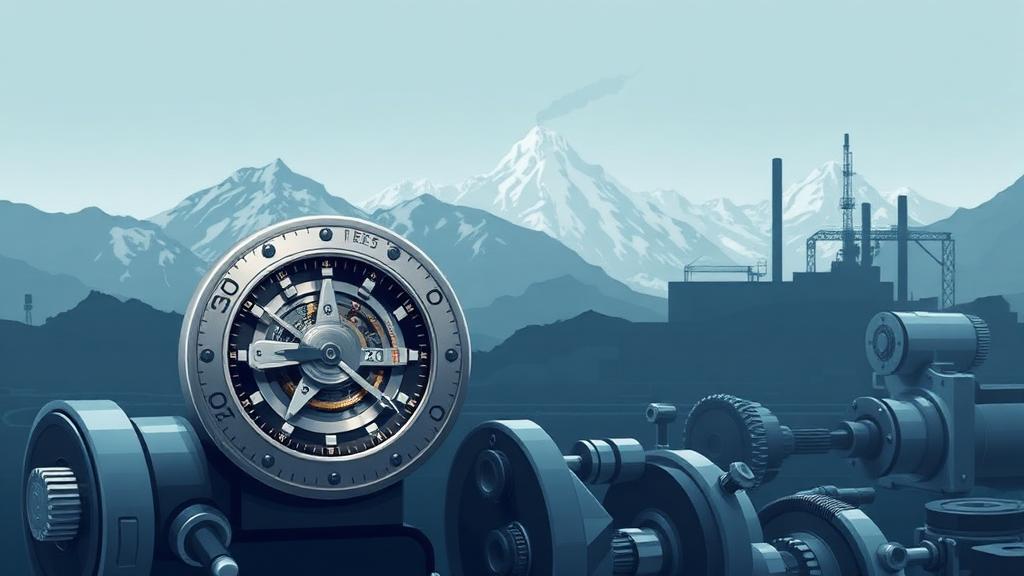 Mouvement de montre mécanique de précision et machines-outils au premier plan, avec les Alpes suisses et une usine en silhouette à l'arrière-plan