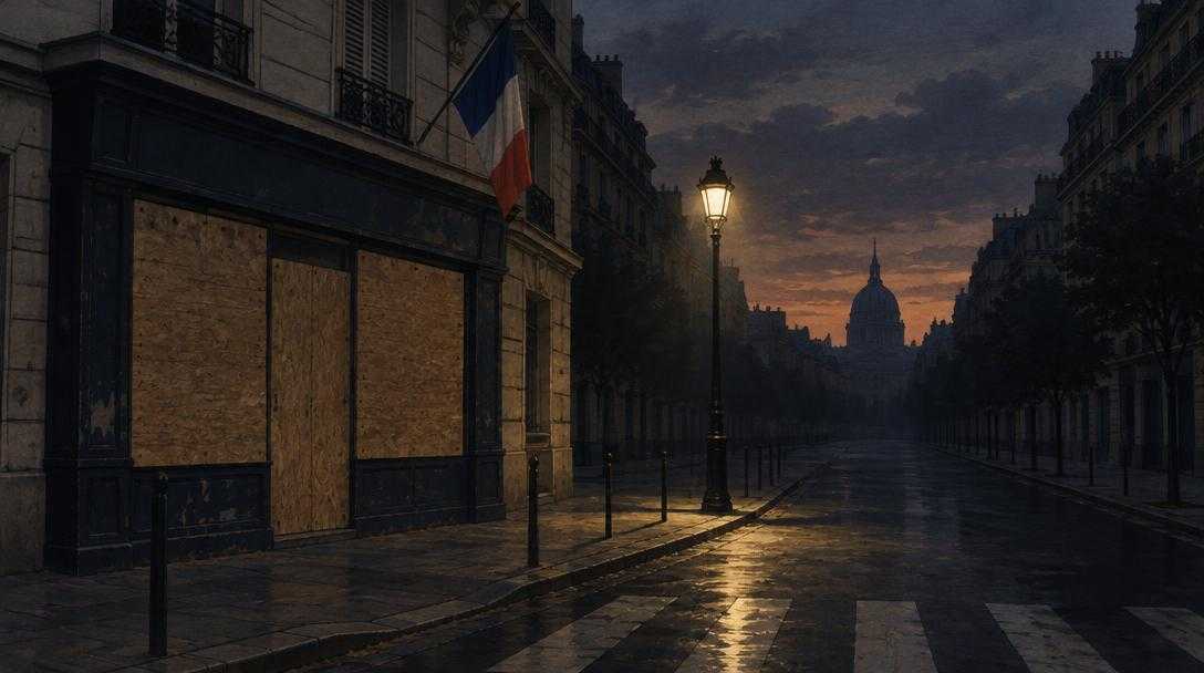 Rue parisienne déserte au crépuscule, commerces barricadés et réverbère allumé