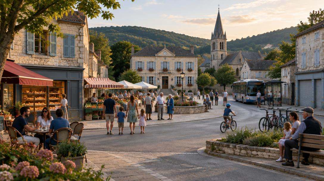 Une place de village français animée par un marché, des commerces et des habitants de toutes les générations