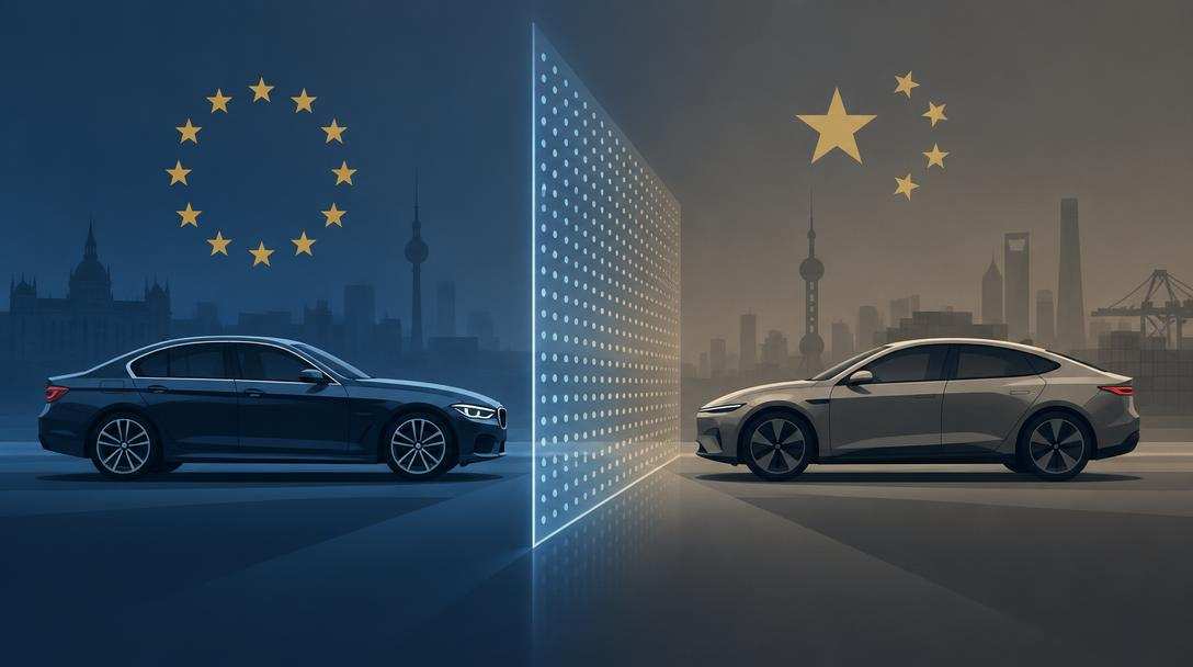 Une voiture européenne et une voiture électrique chinoise séparées par un mur de droits de douane translucide
